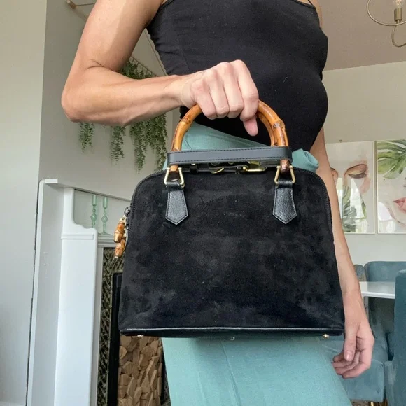 PC: Gucci EUC+++ Black Suede & Leather 2 Way Bamboo Satchel Bag - Picture 11 of 17